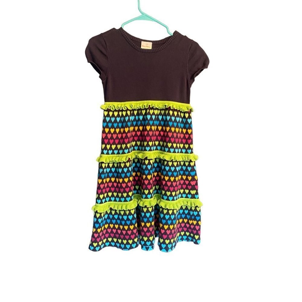 Hanna Andersson Navy and Multi colored Rainbow Heart Capped Sleeved Sweater Dres